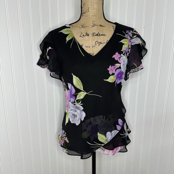 Studio 1 Chiffon Top Sz 14 Black Floral Flutter Sleeve Ruffle Dark Romantic 90s - Picture 13 of 13